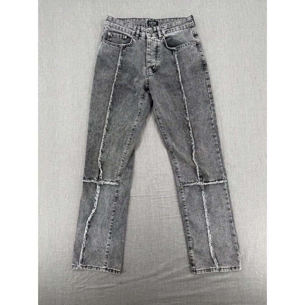 BoohooMAN Mens 28 Grey Washed Seam Detail Raw Edge Straight Leg Jeans Streetwear